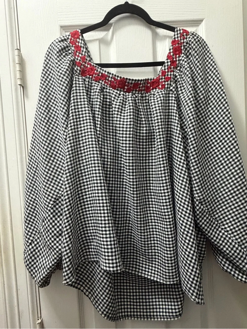 Savanna Jane Black-and-White Gingham Blouse with Red Embroidered Neckline - Picture 1 of 4